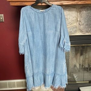 Easel Chambray Shift Fringe Dress
